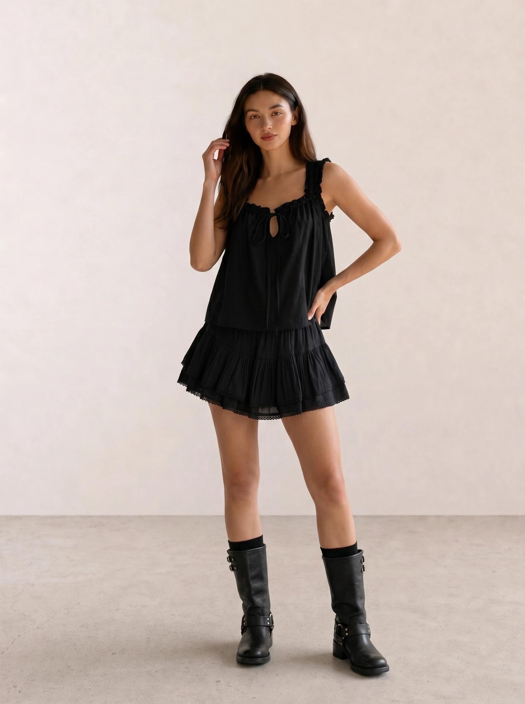 Ruffle Cami & Tiered Mini Skirt with Biker Boots