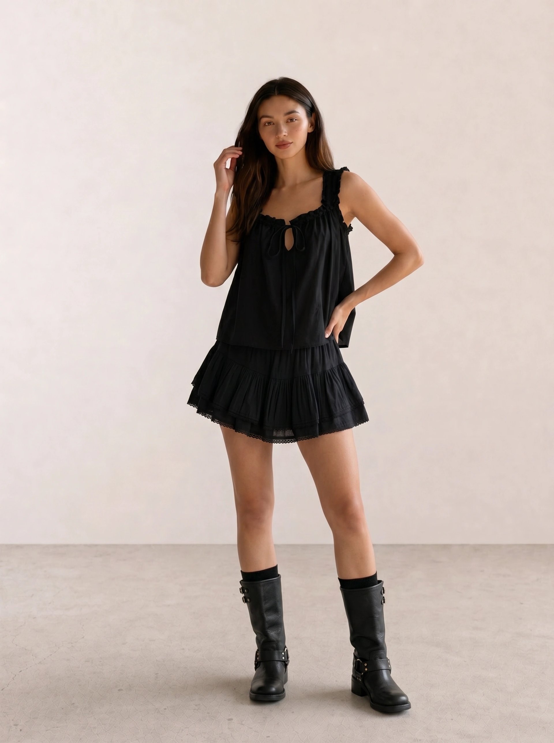 Ruffle Cami & Tiered Mini Skirt with Biker Boots