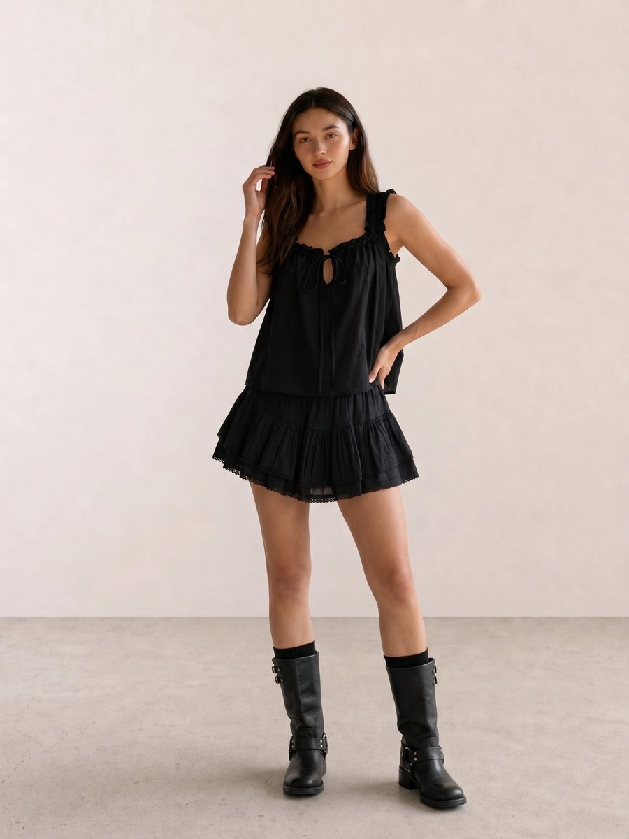 Black outfit with a ruffled cami top, tiered mini skirt, and buckled black biker boots