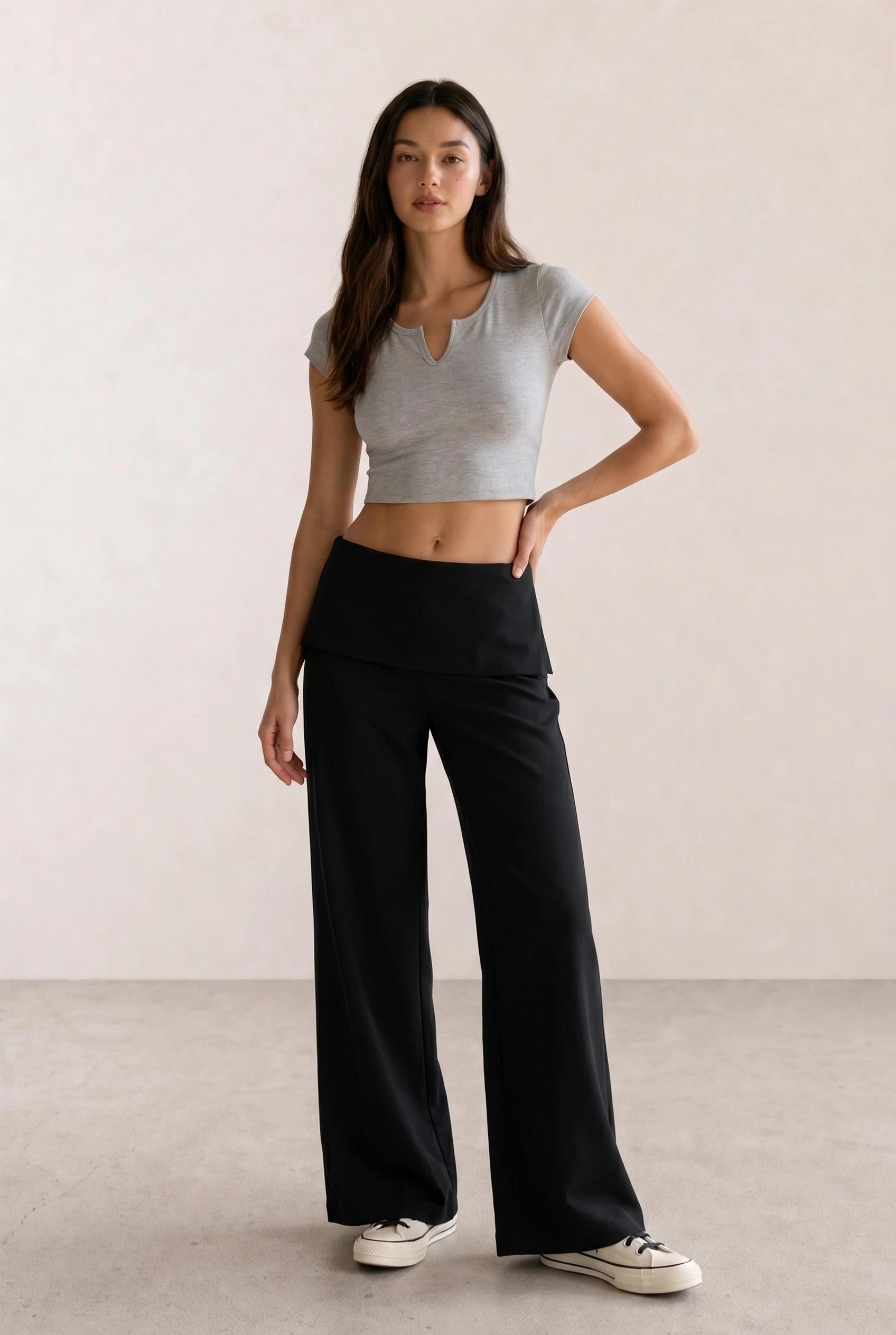 Grey Notch-Neck Crop Tee & Black Fold-Over Wide-Leg Pants