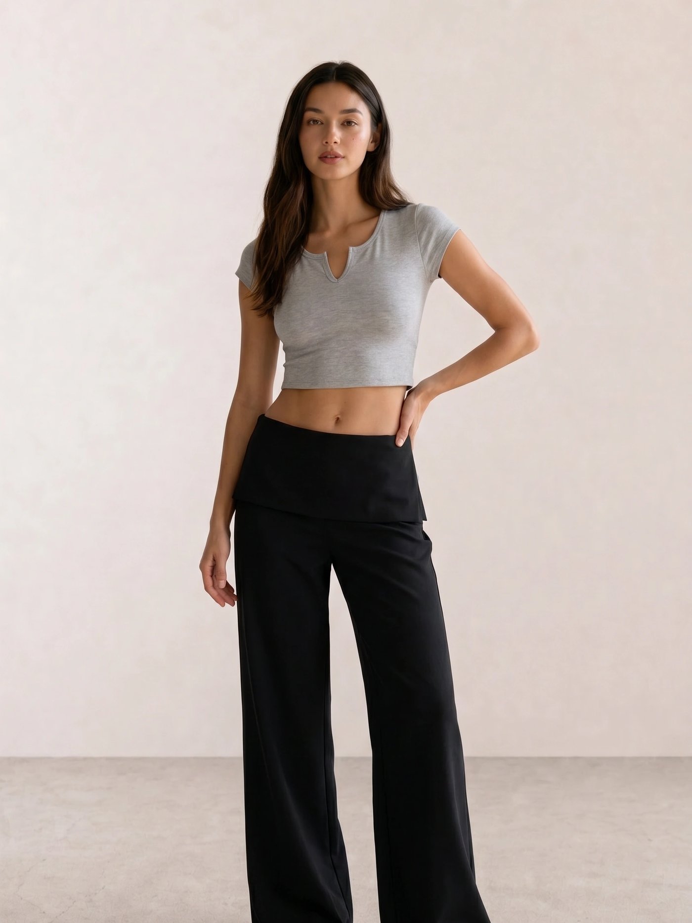 Grey Notch-Neck Crop Tee & Black Fold-Over Wide-Leg Pants