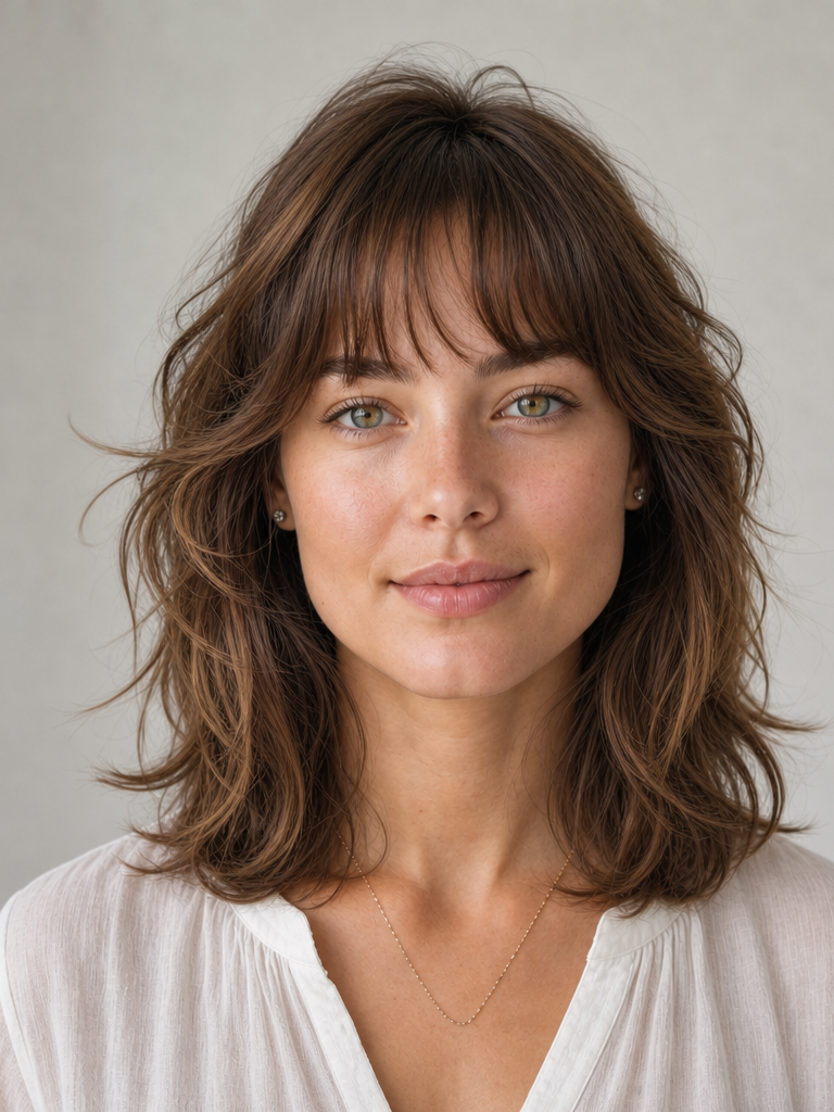 Square face shape hairstyle — Shag Cut with Full Fringe, front view