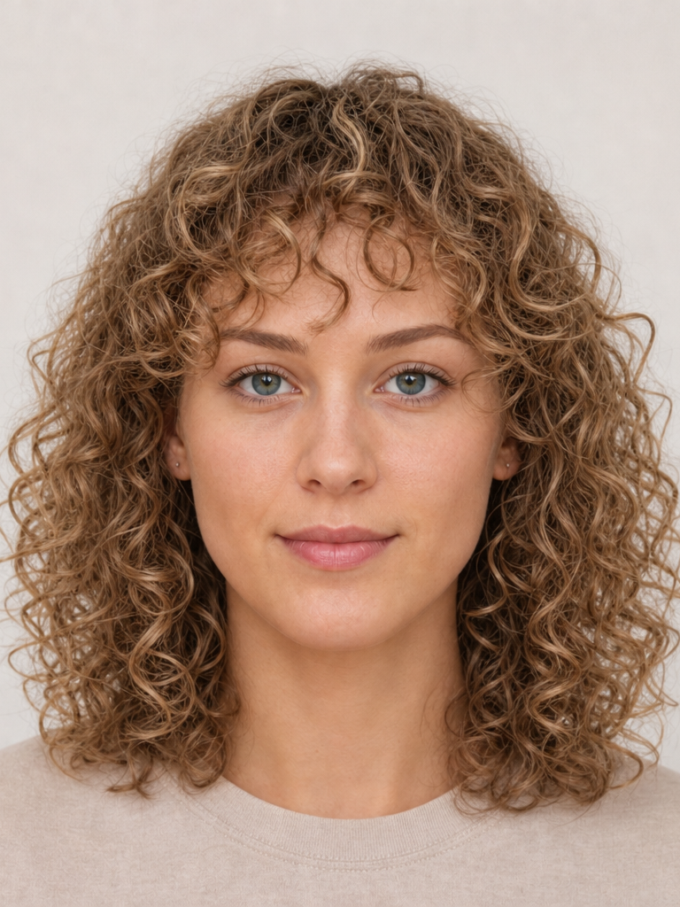 Front view of a curly bob with bangs styled for a rectangle face shape