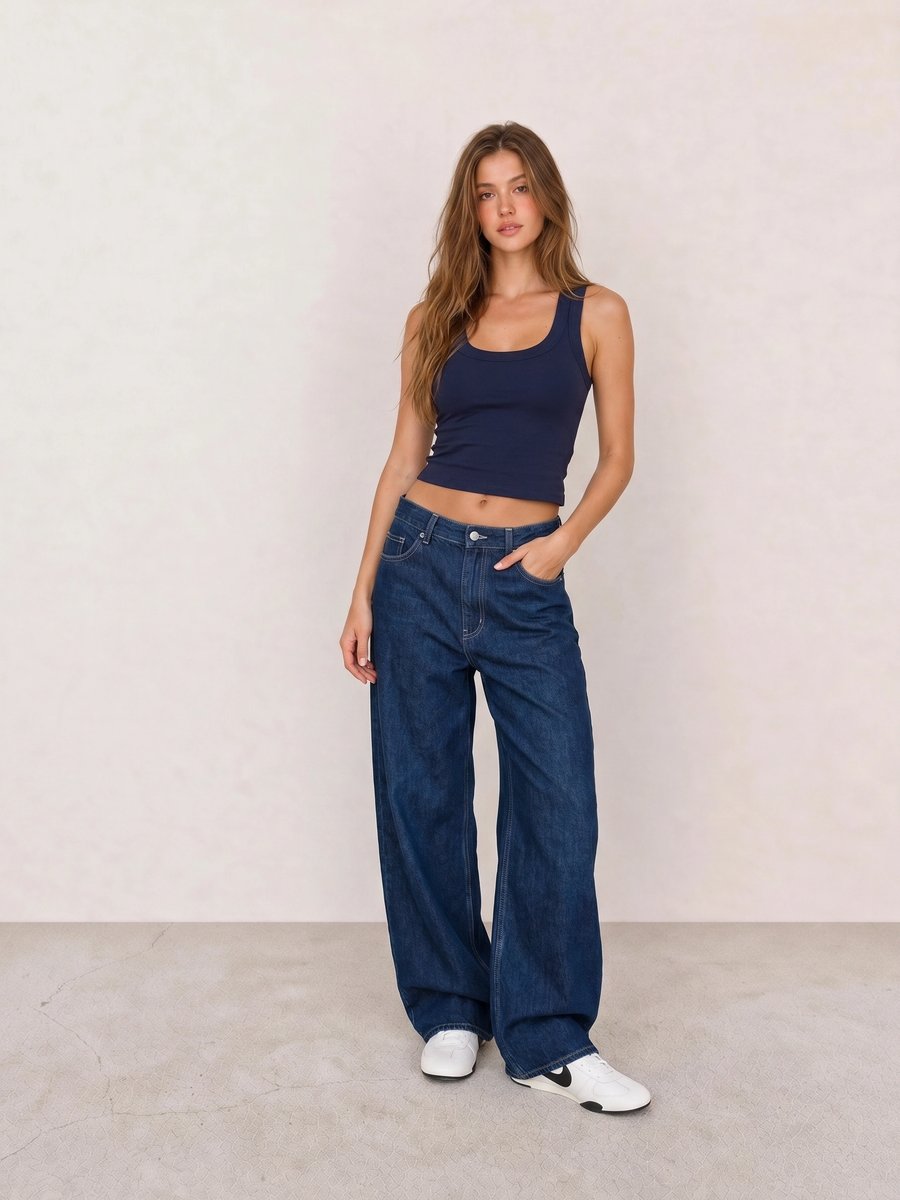 Basic casual outfit with a navy ribbed tank, dark indigo wide-leg jeans, and white Nike sneakers