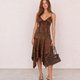 Brown Satin Jacquard Handkerchief-Hem Dress