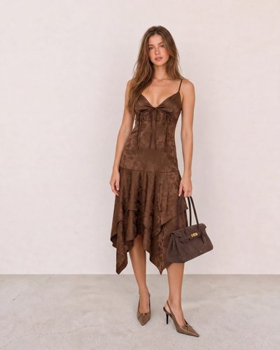 Brown Satin Jacquard Handkerchief-Hem Dress