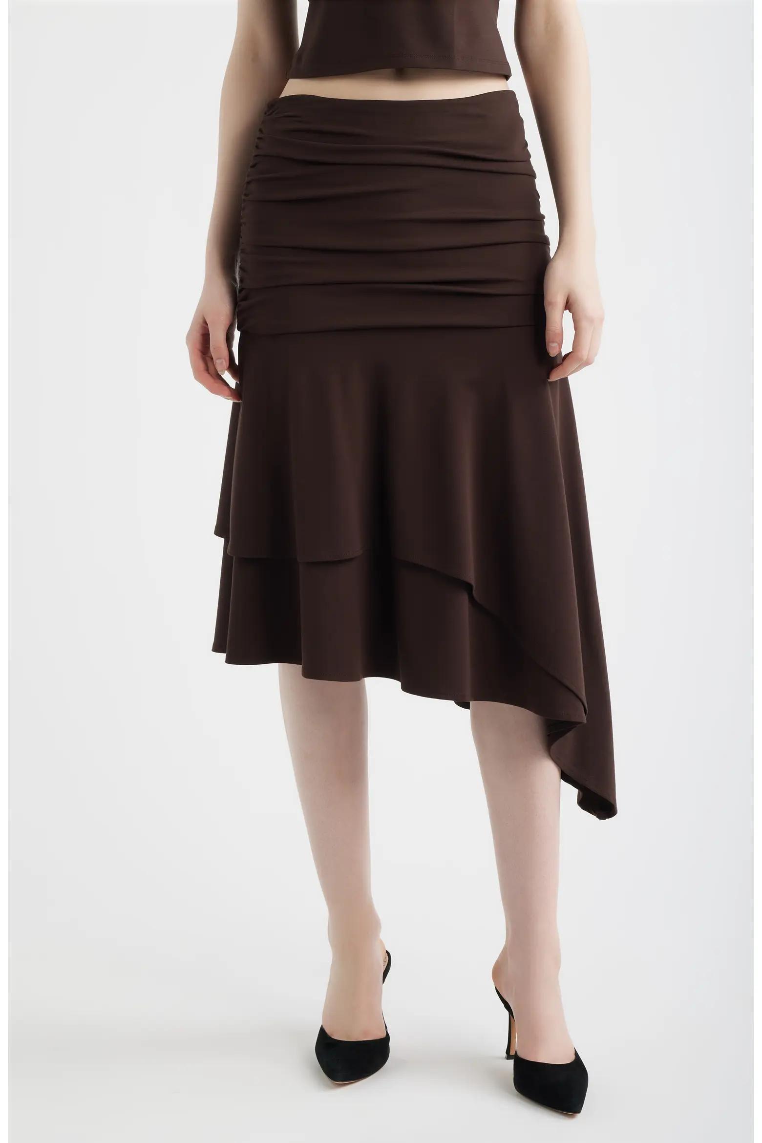 Brown Asymmetric Layered Skirt
