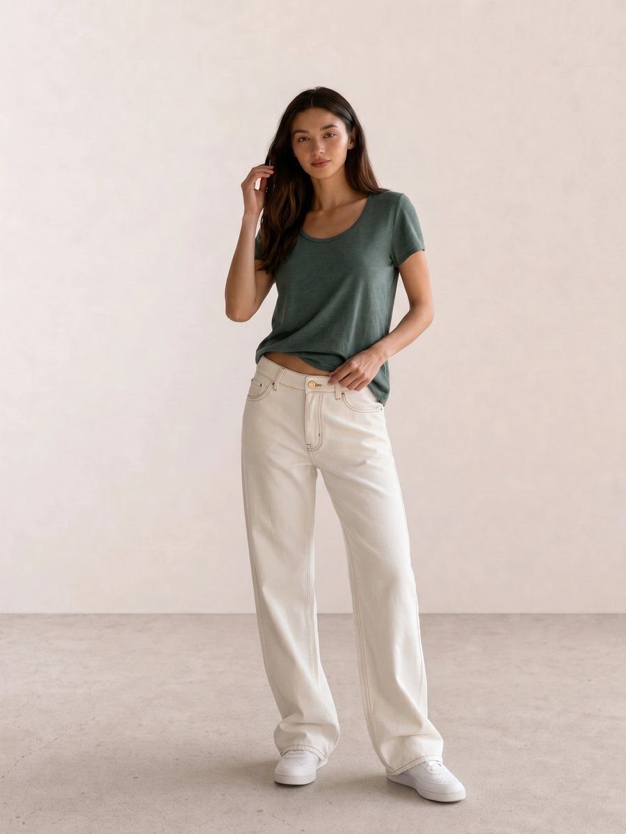 Basic casual outfit with a sage scoop tee, cream wide-leg jeans, and white Nike sneakers