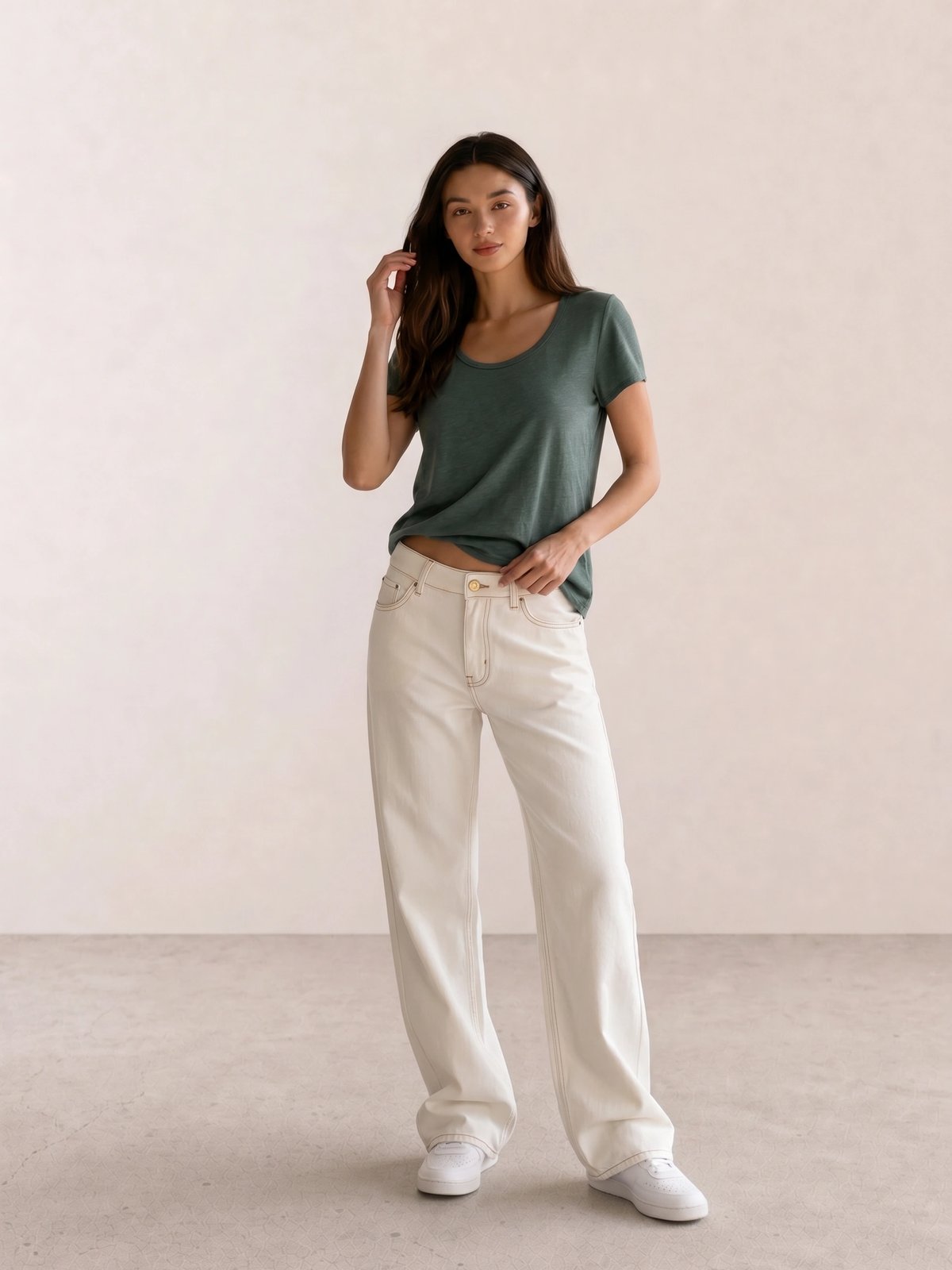 Sage Scoop Tee & Cream Wide-Leg Jeans