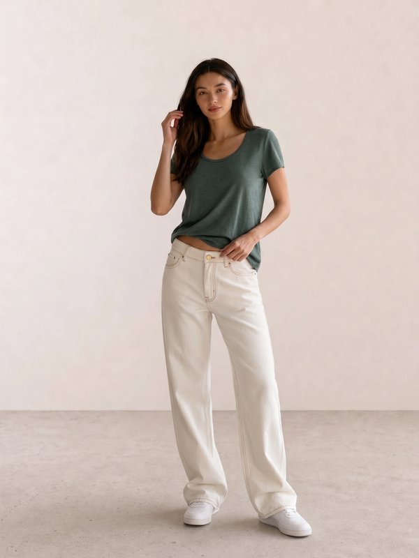 Sage Scoop Tee & Cream Wide-Leg Jeans