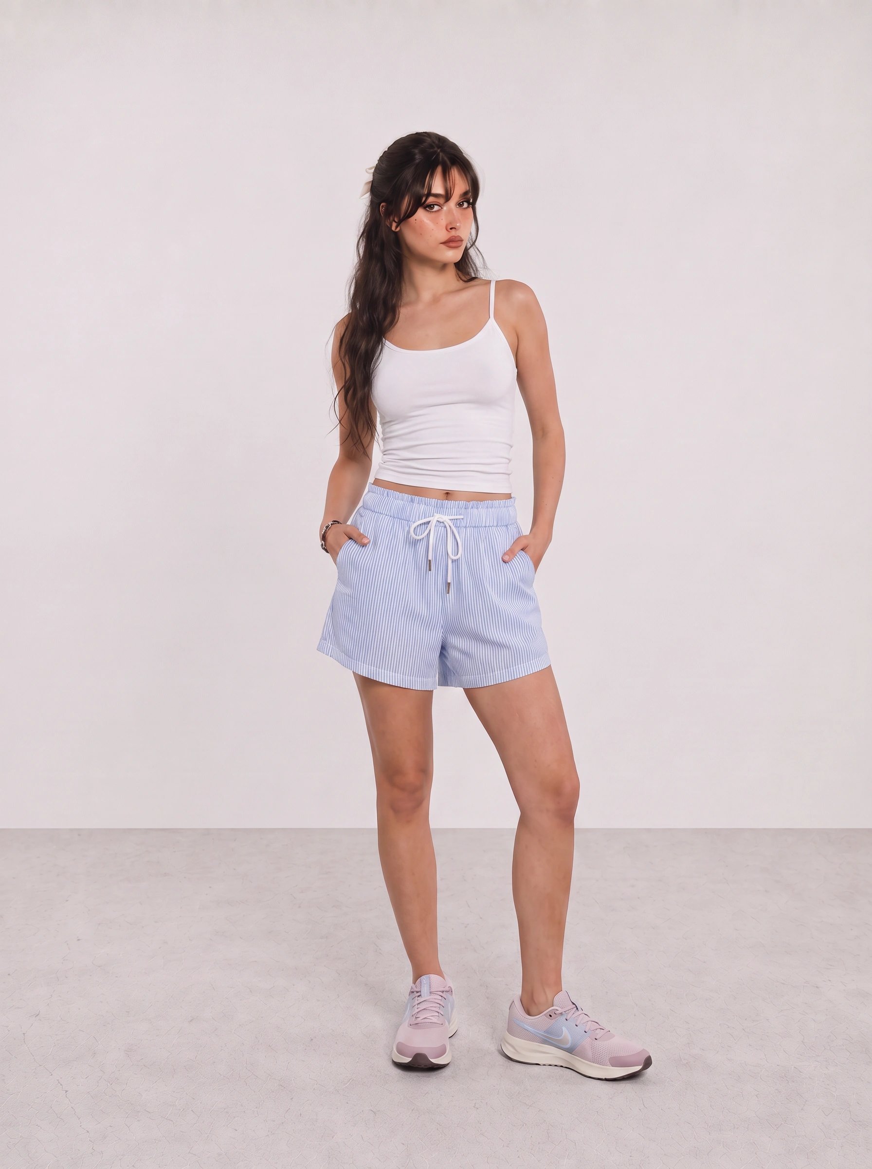 White Cami and Blue Stripe Shorts Travel Outfit