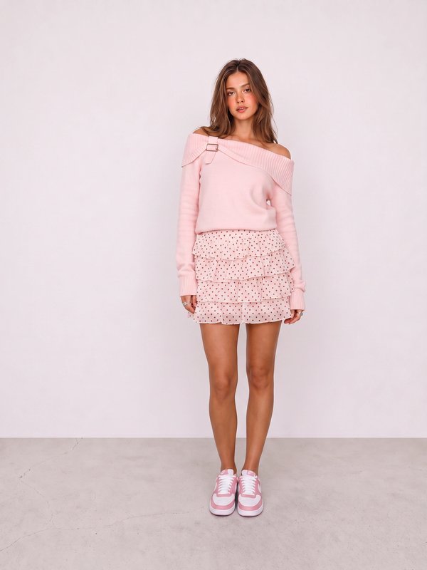 Pink Knit Top and Ruffle Mini Skirt Outfit