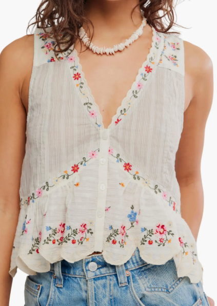Cream Floral Embroidered Peplum Top