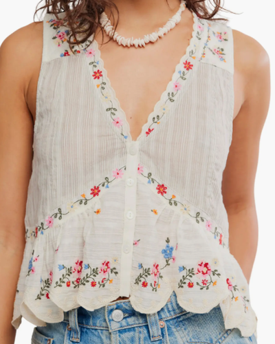 Cream Floral Embroidered Peplum Top