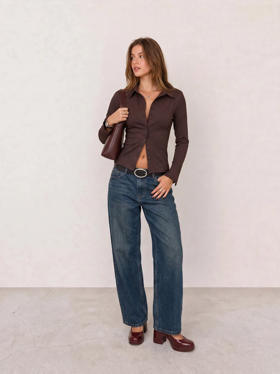 Korean fashion outfit with a brown striped shirt, blue wide-leg jeans, and burgundy Mary Jane heels