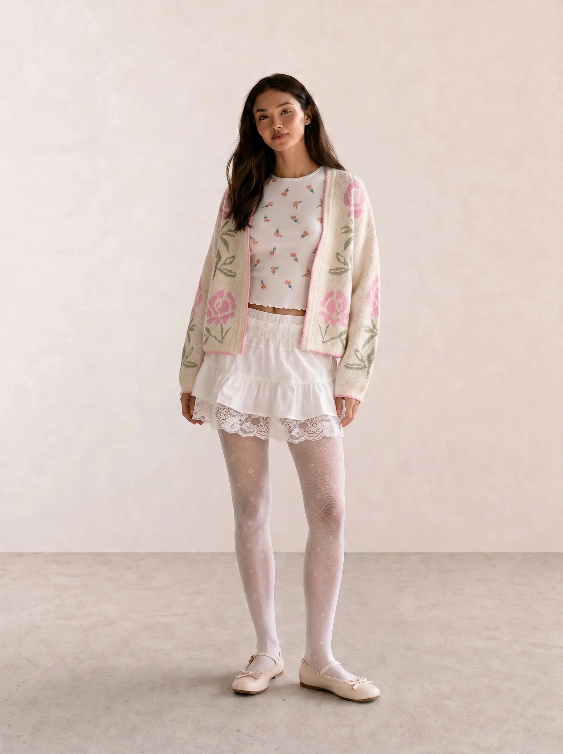 Cream embroidered floral cardigan over pink crop top with white lace tiered mini skirt and cream Mary Jane flats