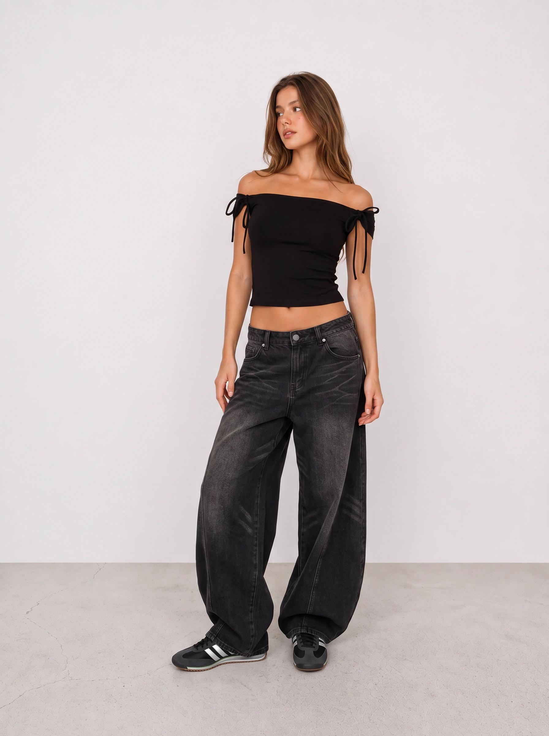Black Off-Shoulder Top and Baggy Jeans Outfit