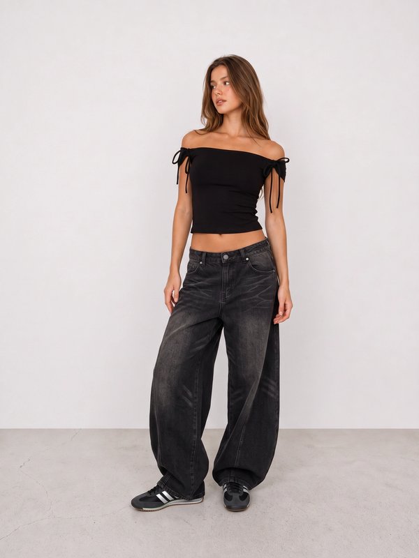 Black Off-Shoulder Top and Baggy Jeans Outfit