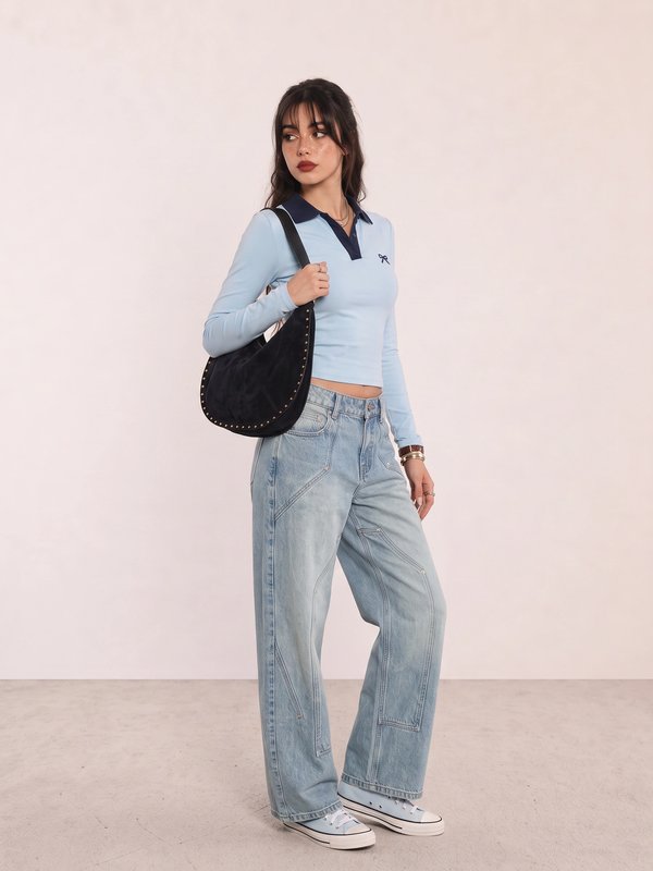 Blue Polo Top and Baggy Jeans Campus Outfit