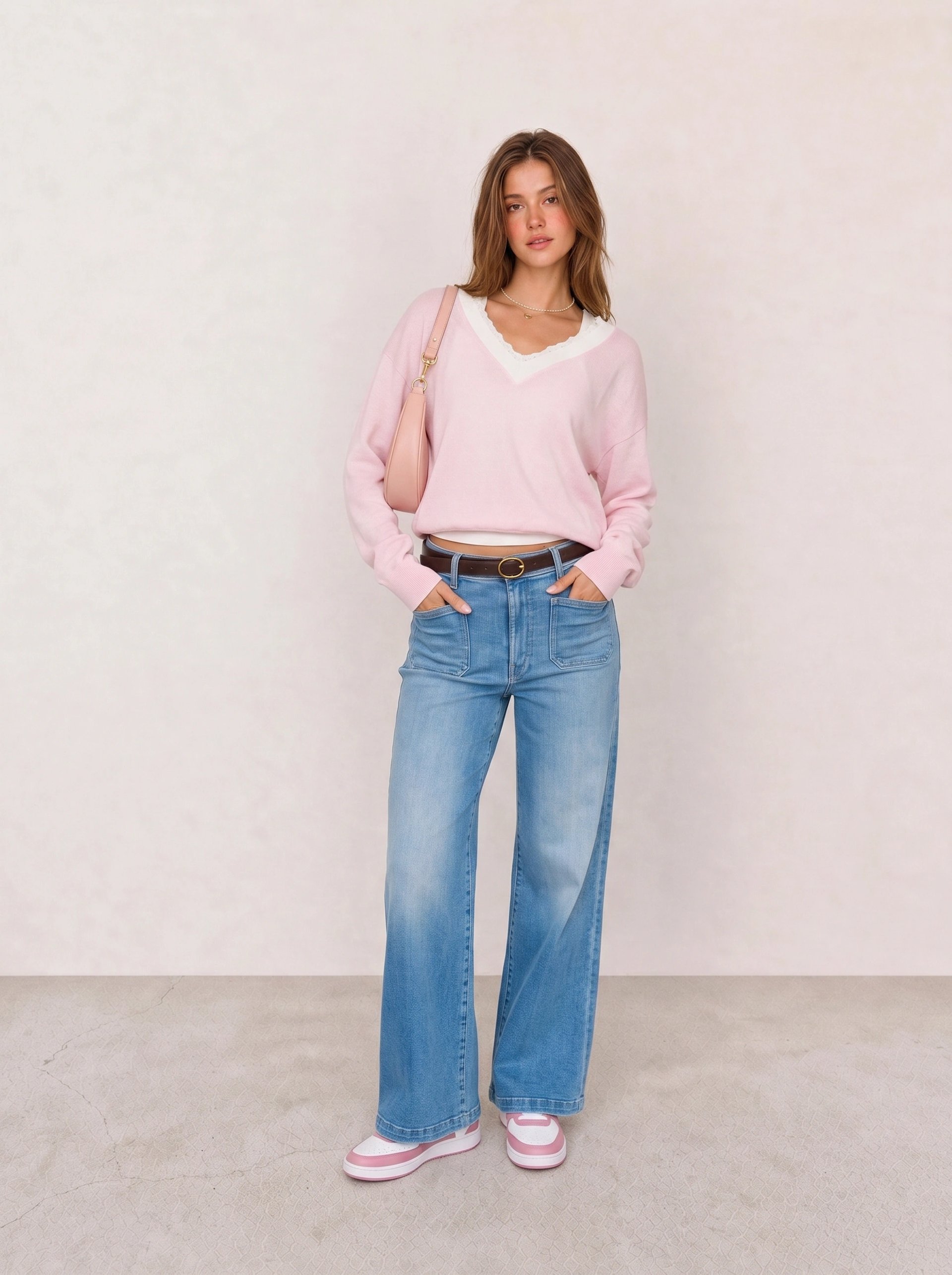 Pink V-Neck Sweater & Light Wash Wide-Leg Jeans