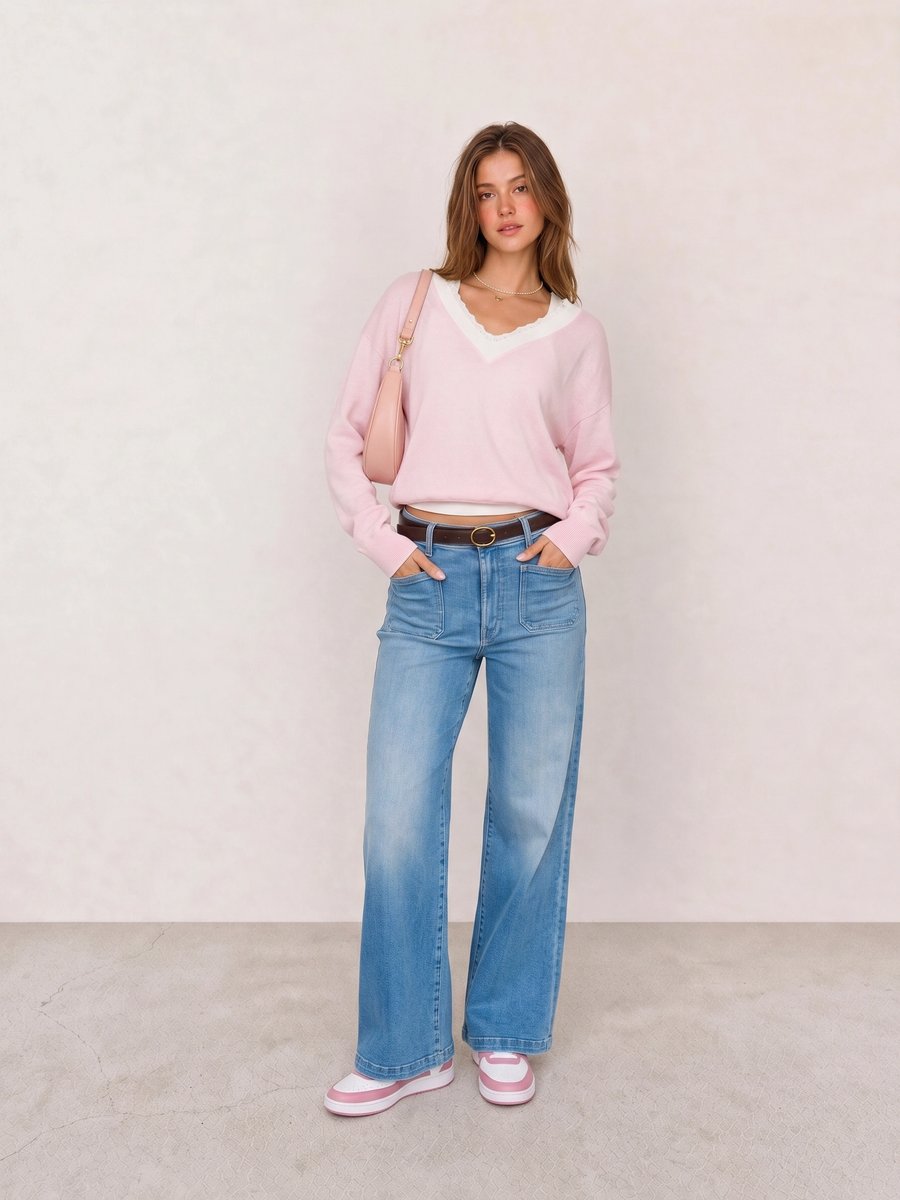 Clean girl outfit with a pink V-neck sweater, light wash wide-leg jeans, and pink Nike Court Vision sneakers