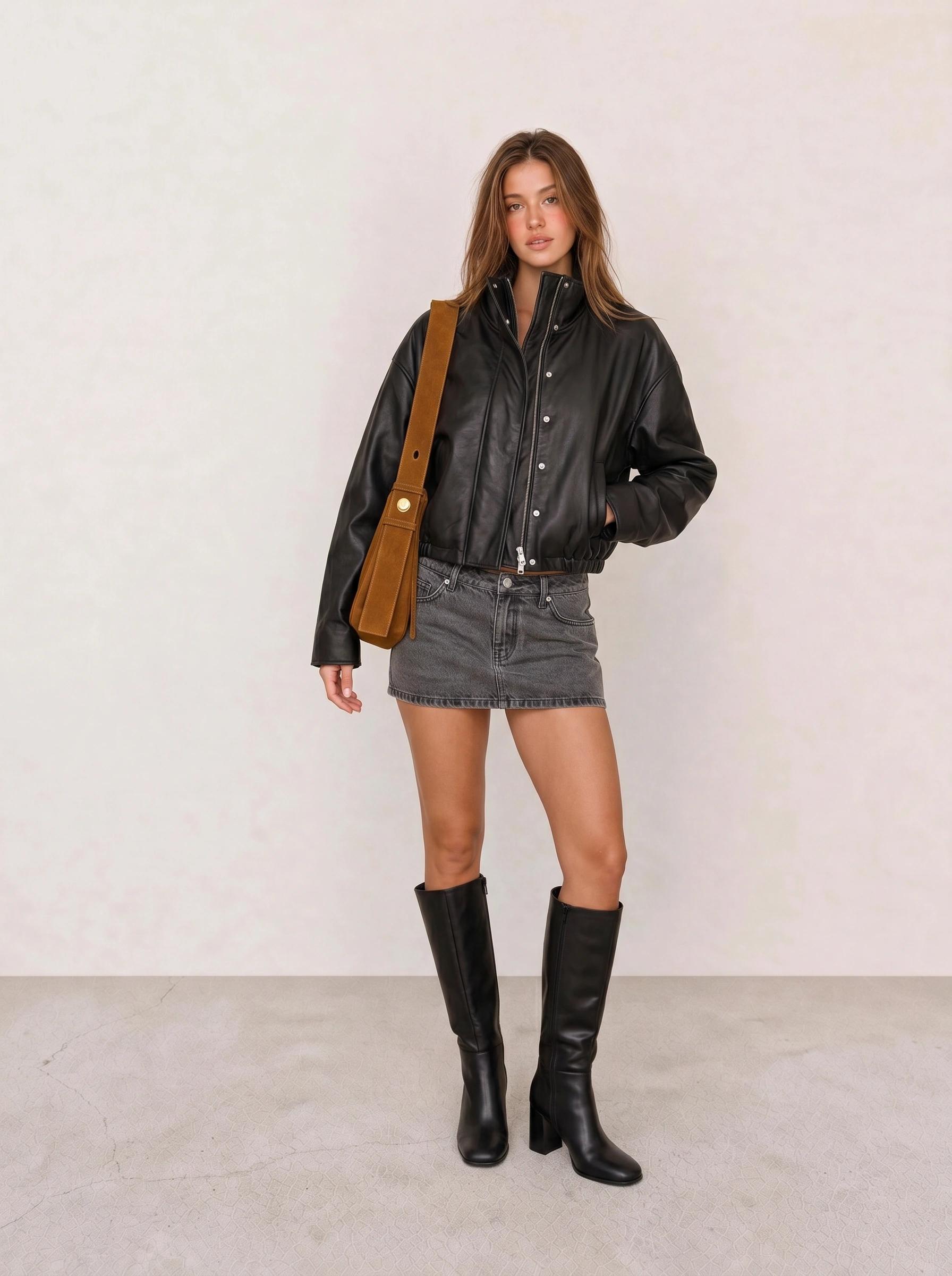 Black Leather Bomber & Grey Denim Mini Skirt