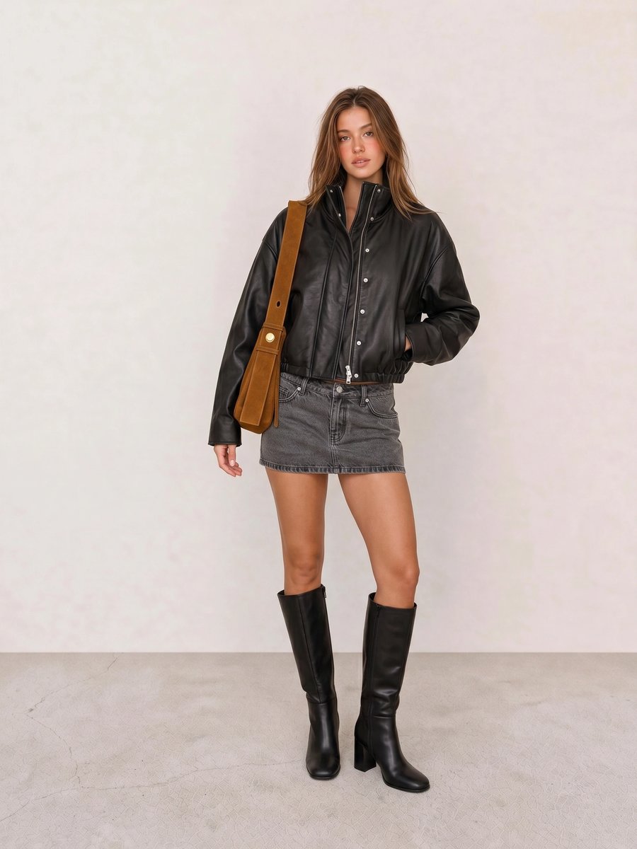 Winter outfit with a black leather bomber jacket, grey denim mini skirt, and black knee-high boots