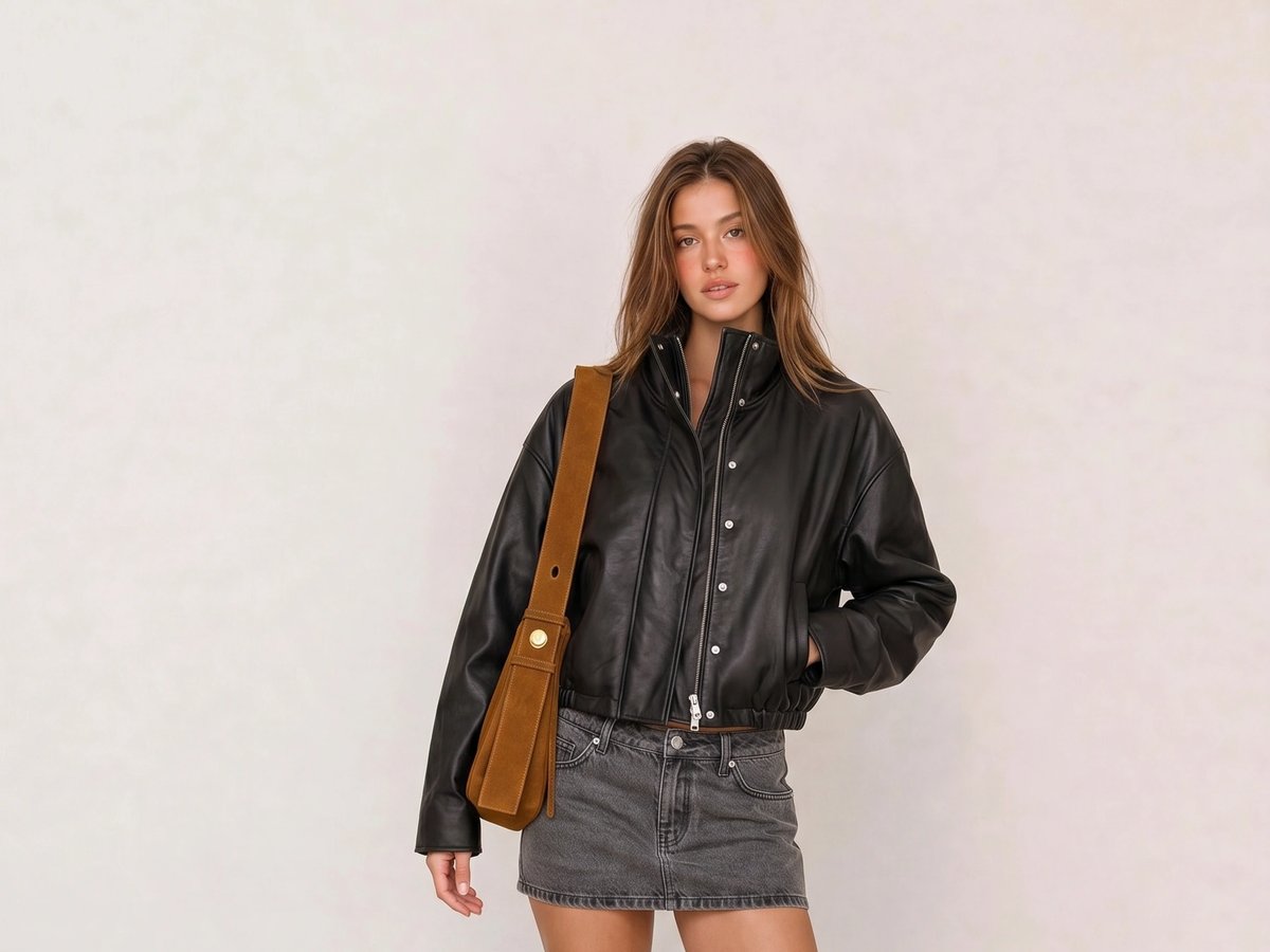 Black Leather Bomber & Grey Denim Mini Skirt