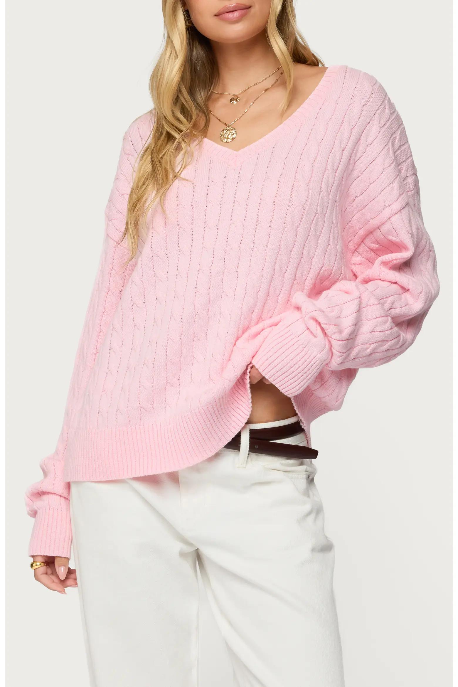 Pink Oversized Cable Knit Sweater