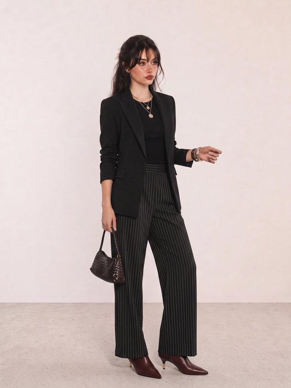 Black Pinstripe Blazer and Trousers Office Outfit
