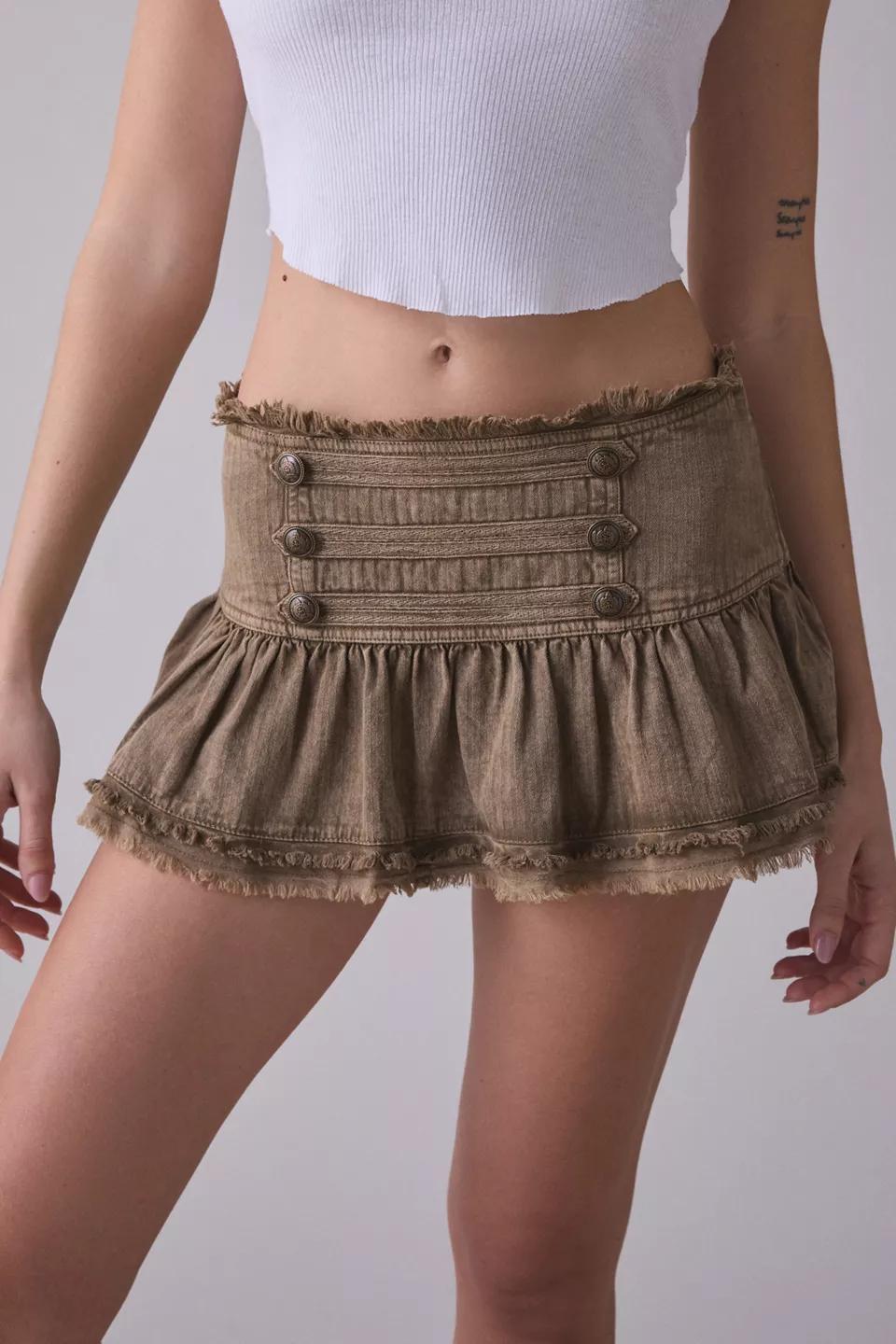 Taupe Ruffled Denim Mini Skirt