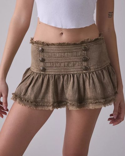 Taupe Ruffled Denim Mini Skirt