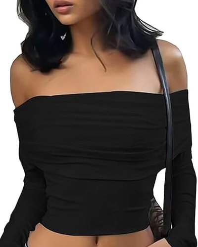 Black Off-Shoulder Ruched Top