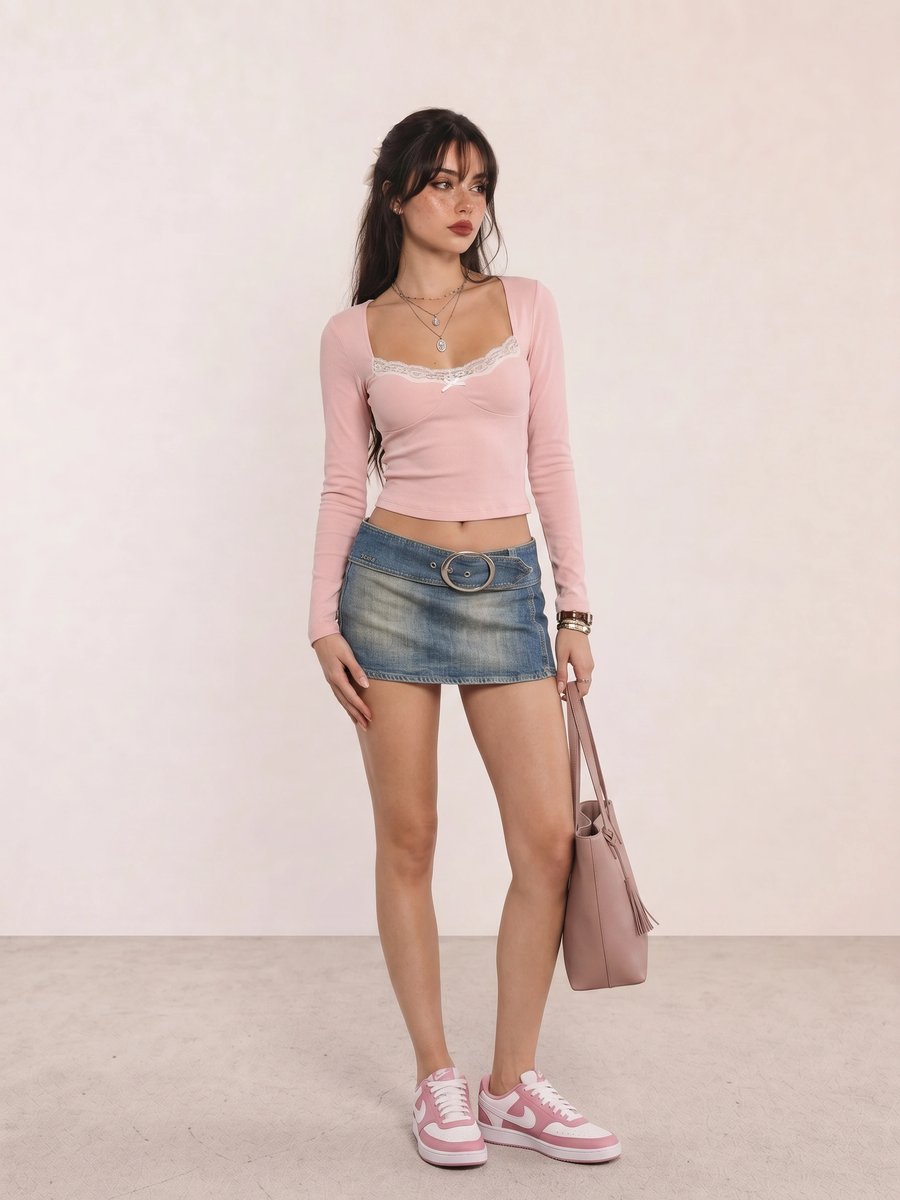 Korean fashion outfit with a pink lace top, denim mini skirt, and pink Nike sneakers