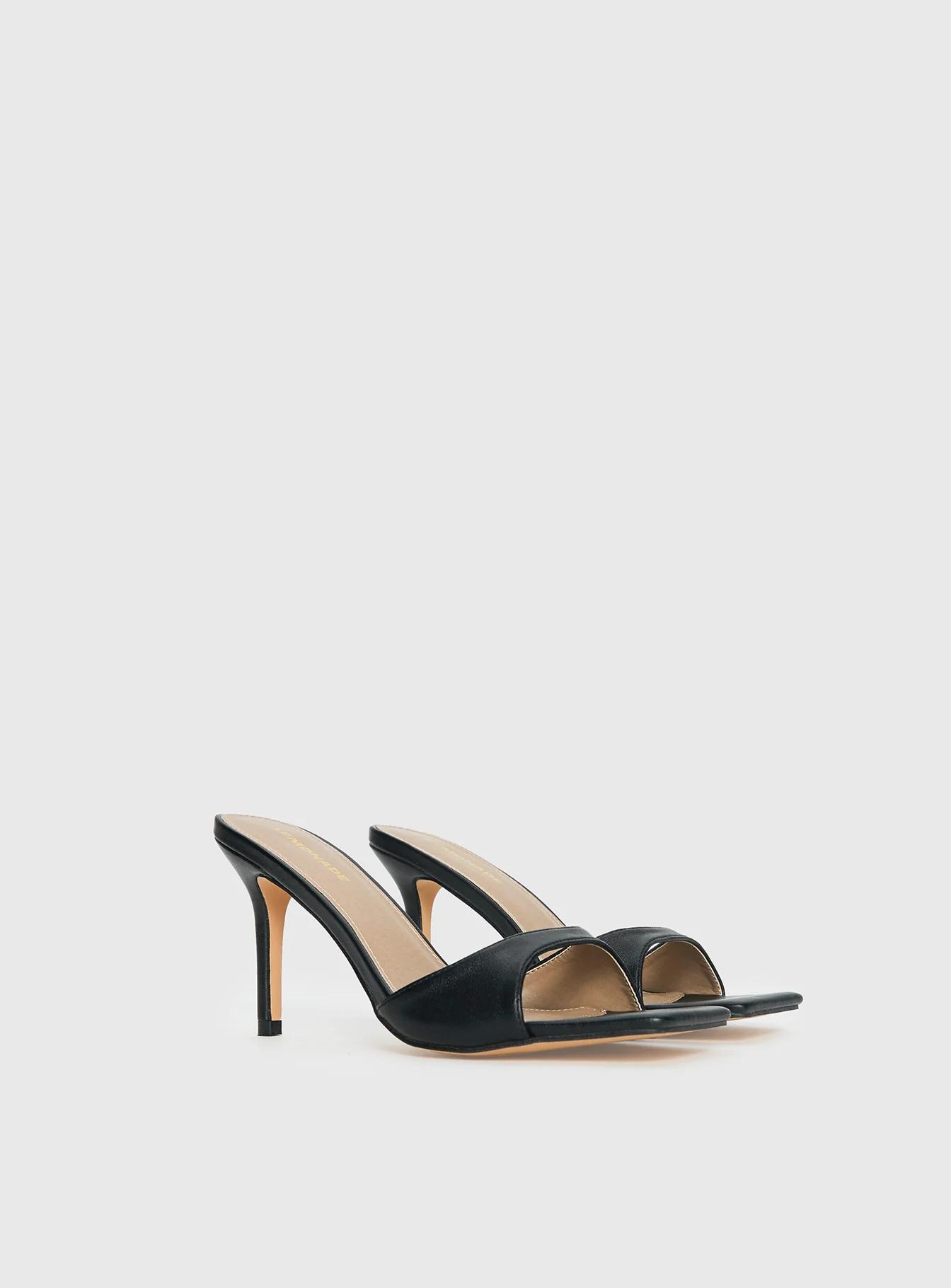 Black Square-Toe Heeled Sandals