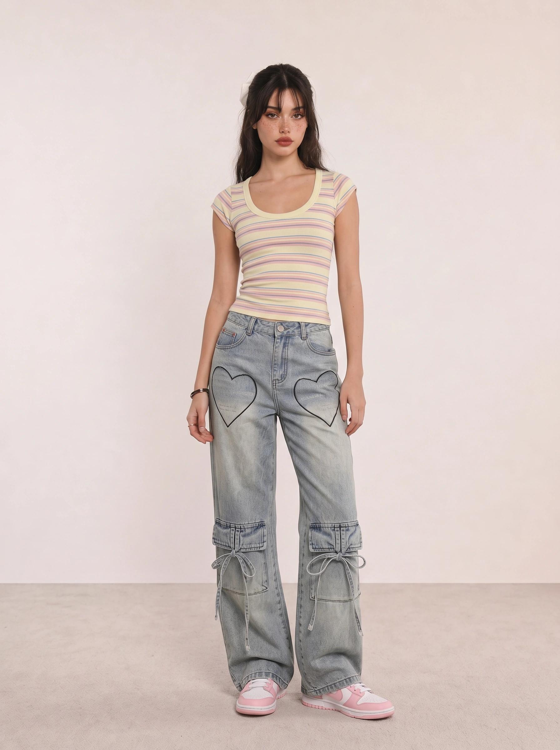 Pastel Stripe Crop & Heart-Pocket Jeans