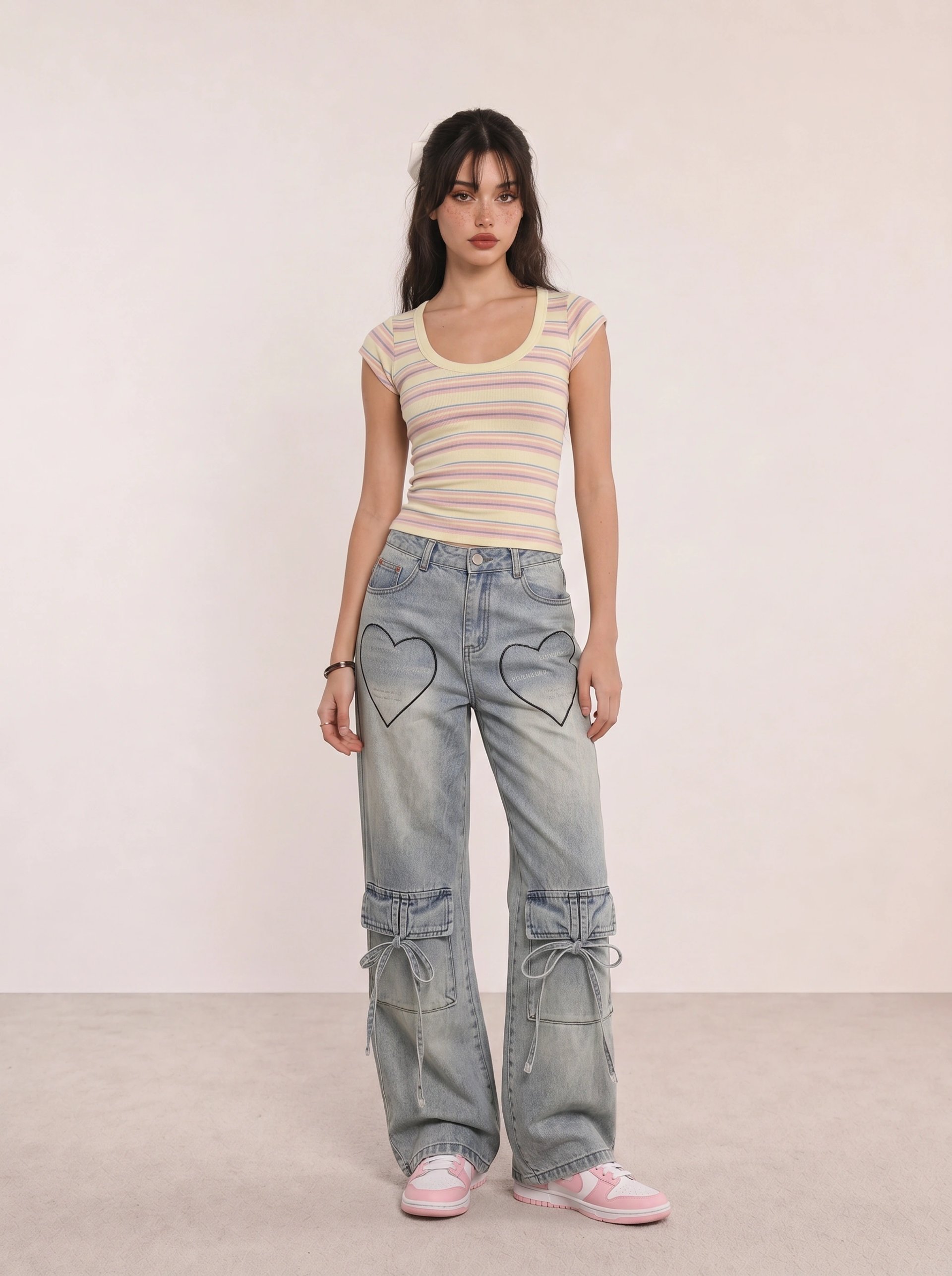 Pastell-Streifen-Crop-Shirt & Jeans mit Herztaschen