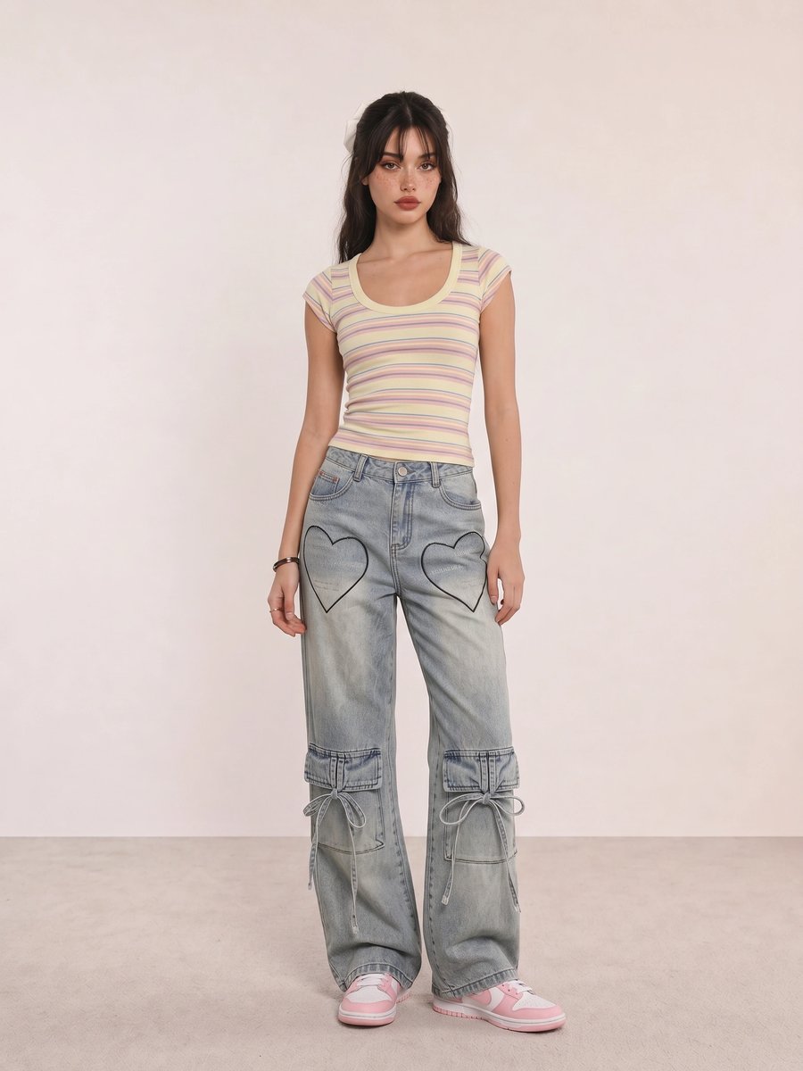 Pastel rainbow stripe crop top with heart-pocket wide-leg jeans and Nike Dunk Low