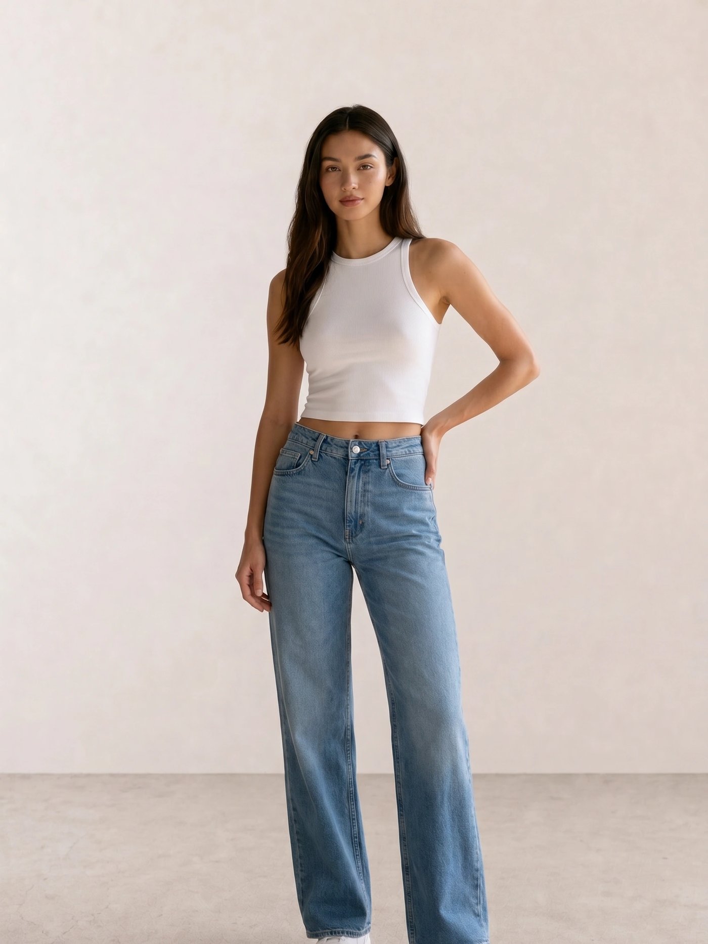White Racerback Tank & Blue Wide-Leg Jeans