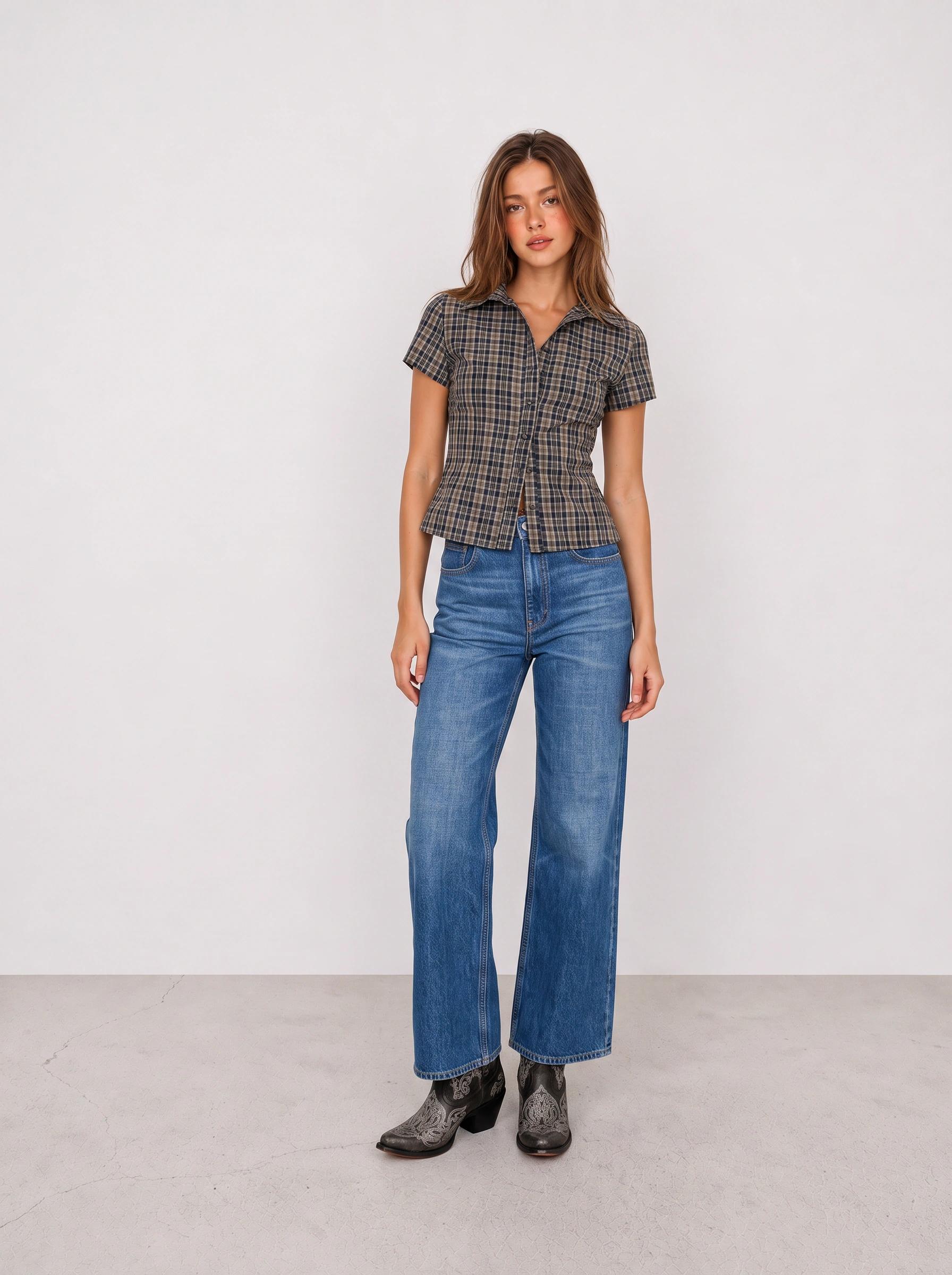 Plaid Western Shirt and Blue Flared Jeans Outfit