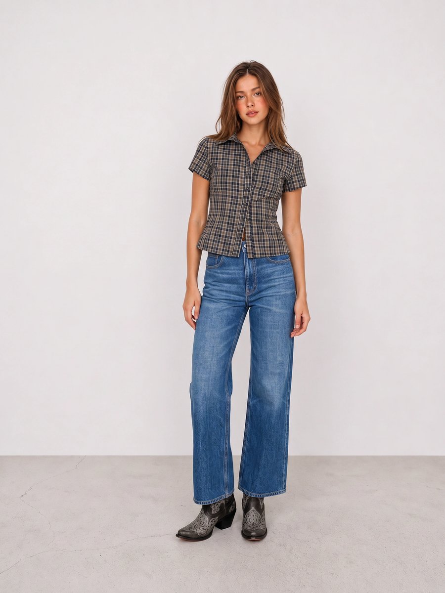 Woman wearing a plaid Western shirt, blue flared jeans, and black embroidered boots