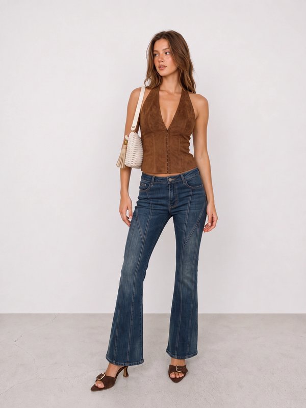Brown Halter Vest and Flared Jeans Y2K Outfit