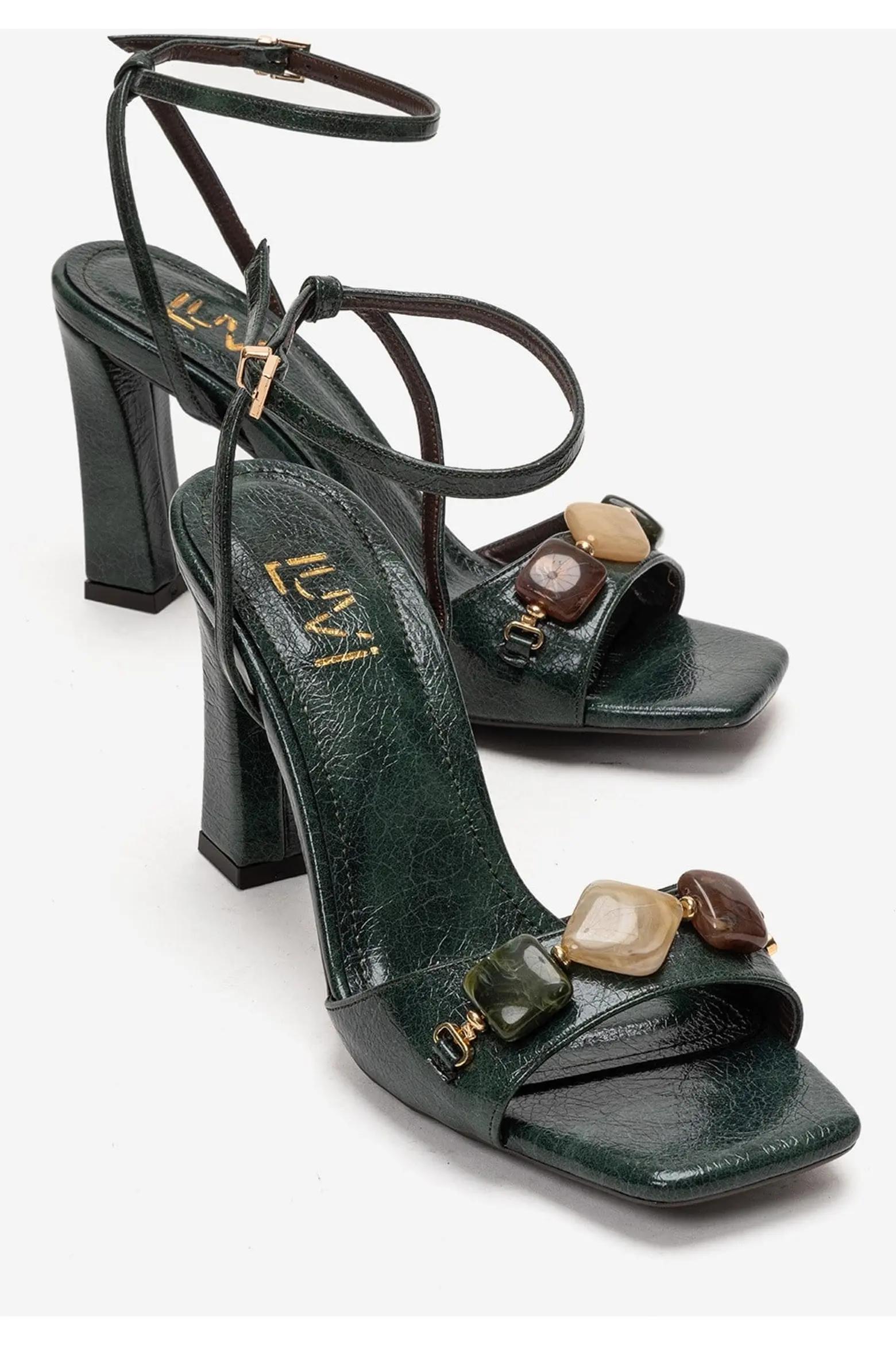 Green Jeweled Block-Heel Sandals