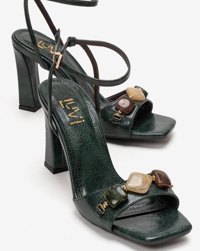 Green Jeweled Block-Heel Sandals