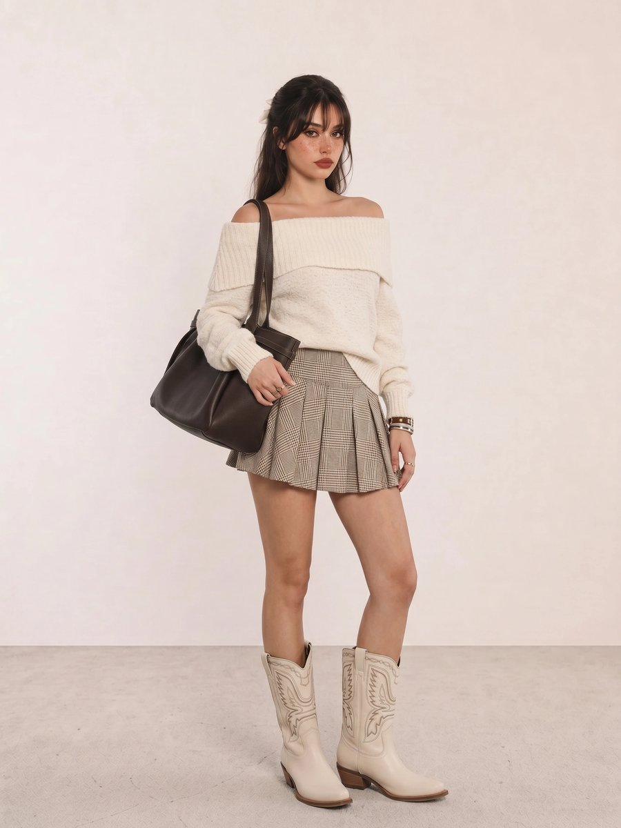 Winter outfit with a cream off-shoulder sweater, houndstooth pleated mini skirt, and cream western boots