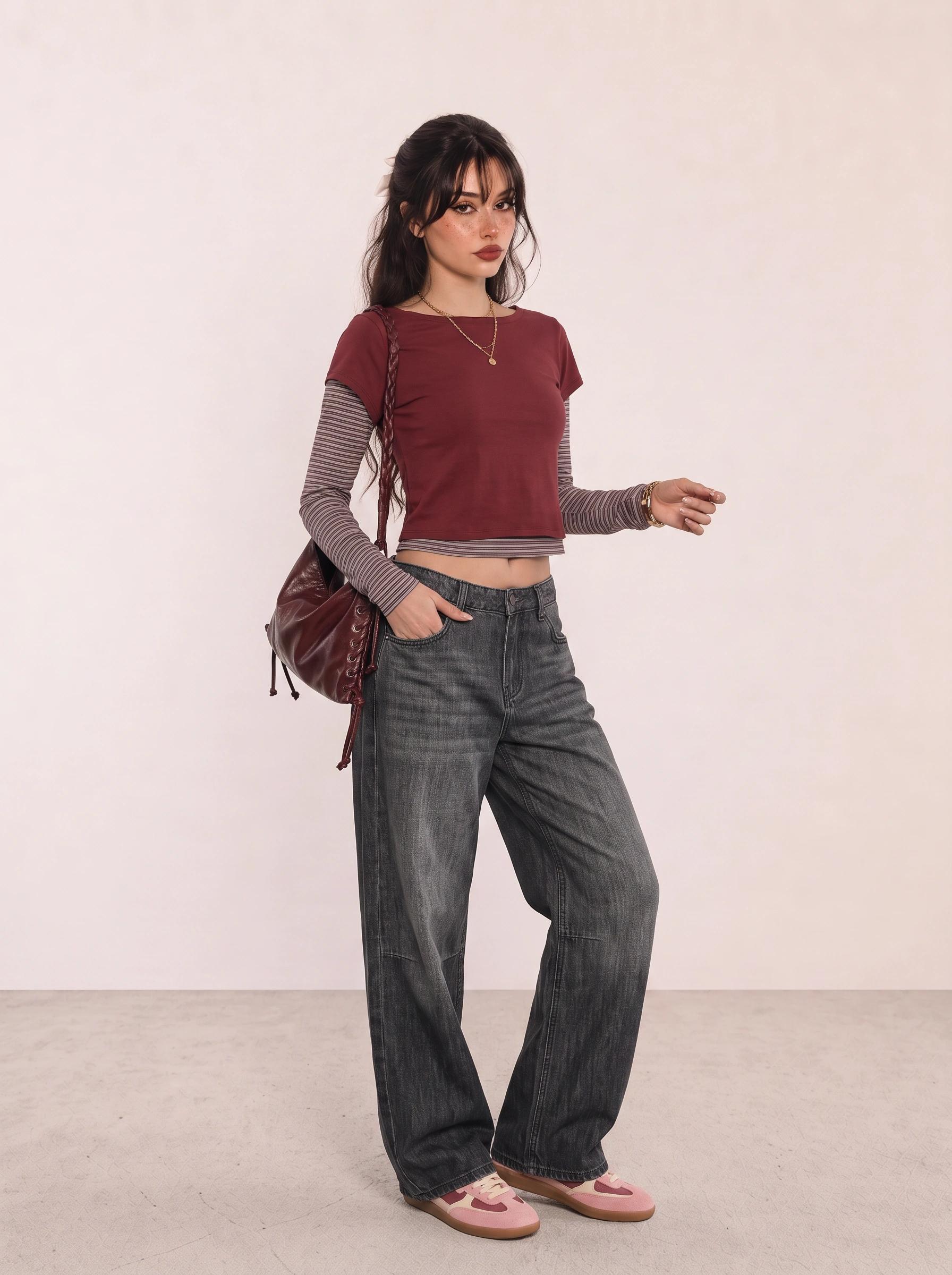 Burgundy Layered Top and Grey Jeans Campus Outfit