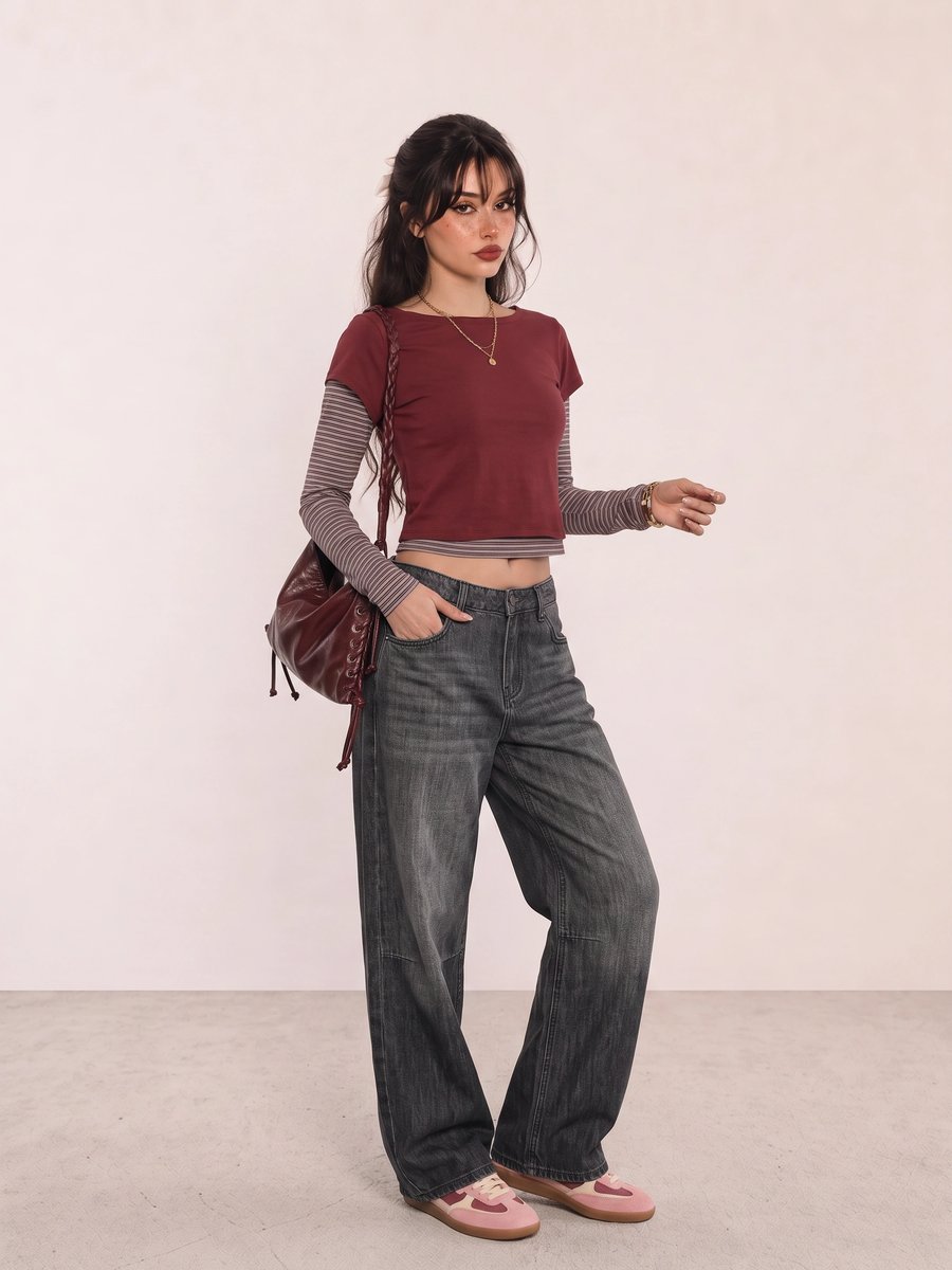 Student wearing a burgundy layered top, grey wide-leg jeans, pink sneakers, and a burgundy bag