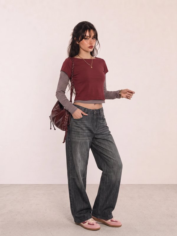 Burgundy Layered Top and Grey Jeans Campus Outfit