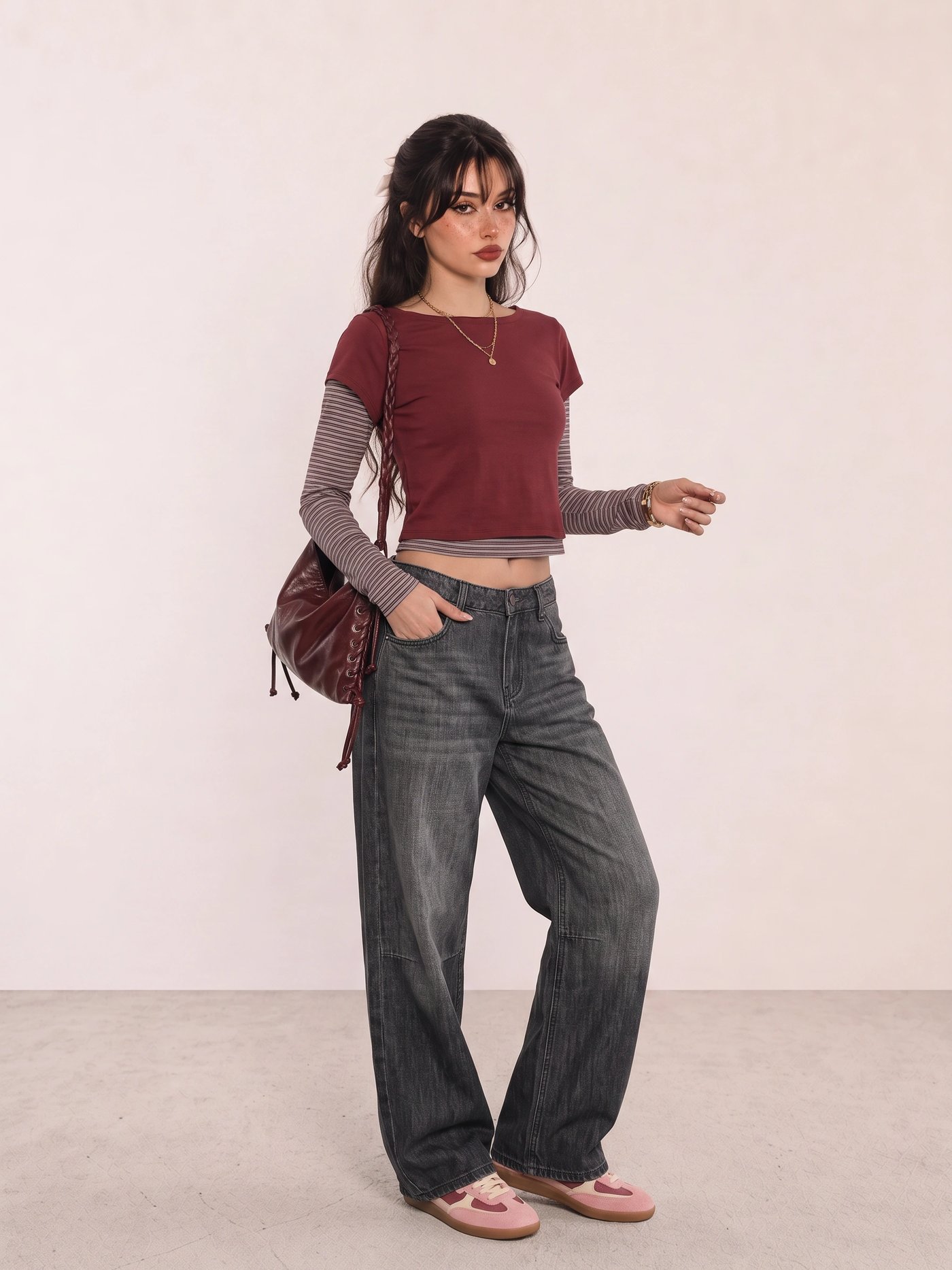 Burgundy Layered Top and Grey Jeans Campus Outfit