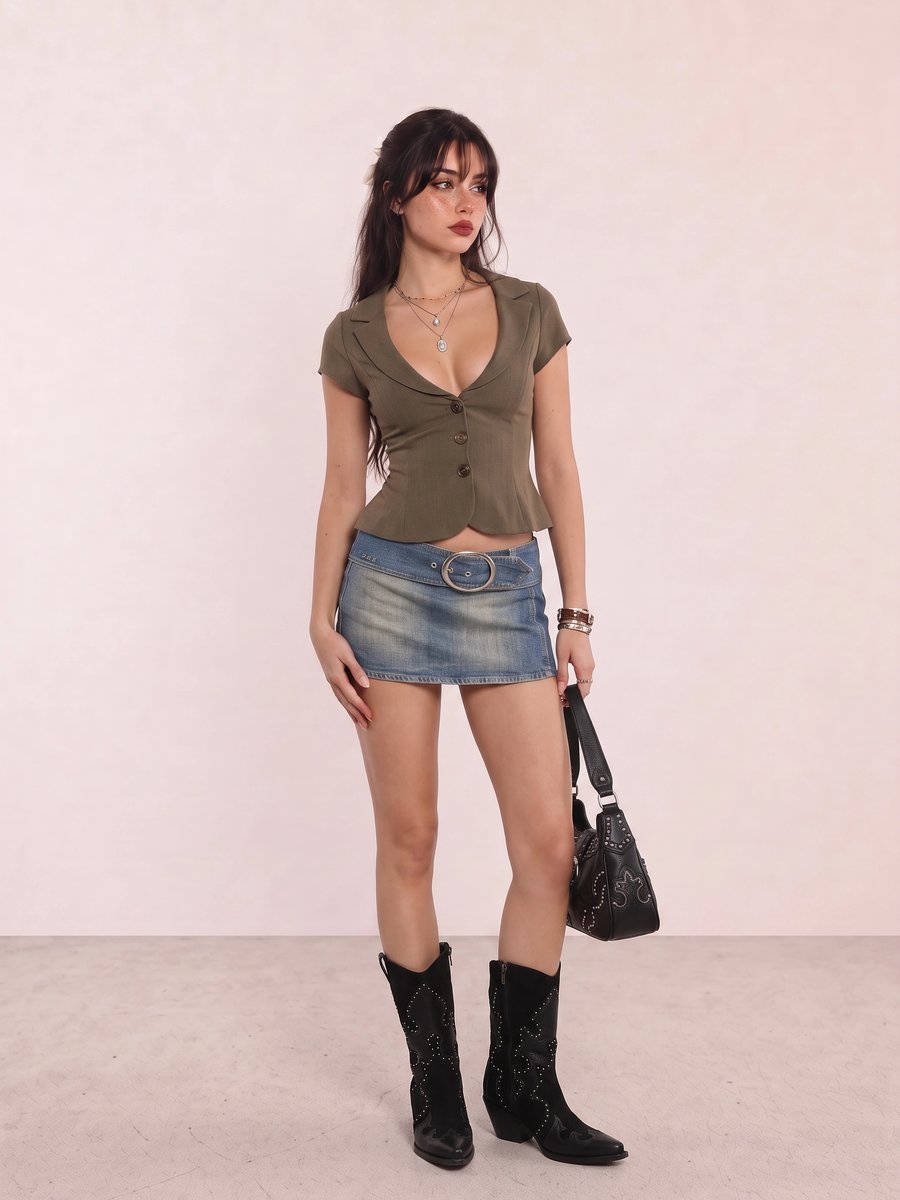 Party night out outfit featuring olive short-sleeve waistcoat top and denim belted mini skirt